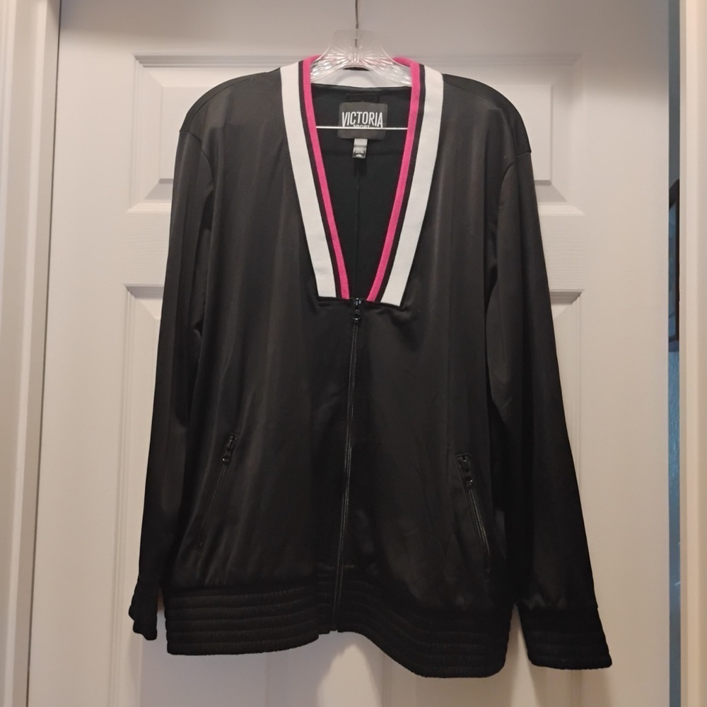 Victorias Secret Sport Black Satin Zip Up Track Jacket Varsity Vintage Size L